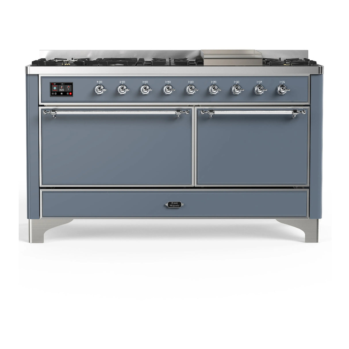 ILVE Majestic III 60-inch Dual Fuel Range with 7 Natural Gas Burner, Griddle and Solid Door Electric Oven in Blue Grey with Chrome Trim (UM60FQNR3BGC)