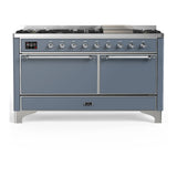 ILVE Majestic III 60-inch Dual Fuel Range with 7 Natural Gas Burner, Griddle and Solid Door Electric Oven in Blue Grey with Chrome Trim (UM60FQNR3BGC)