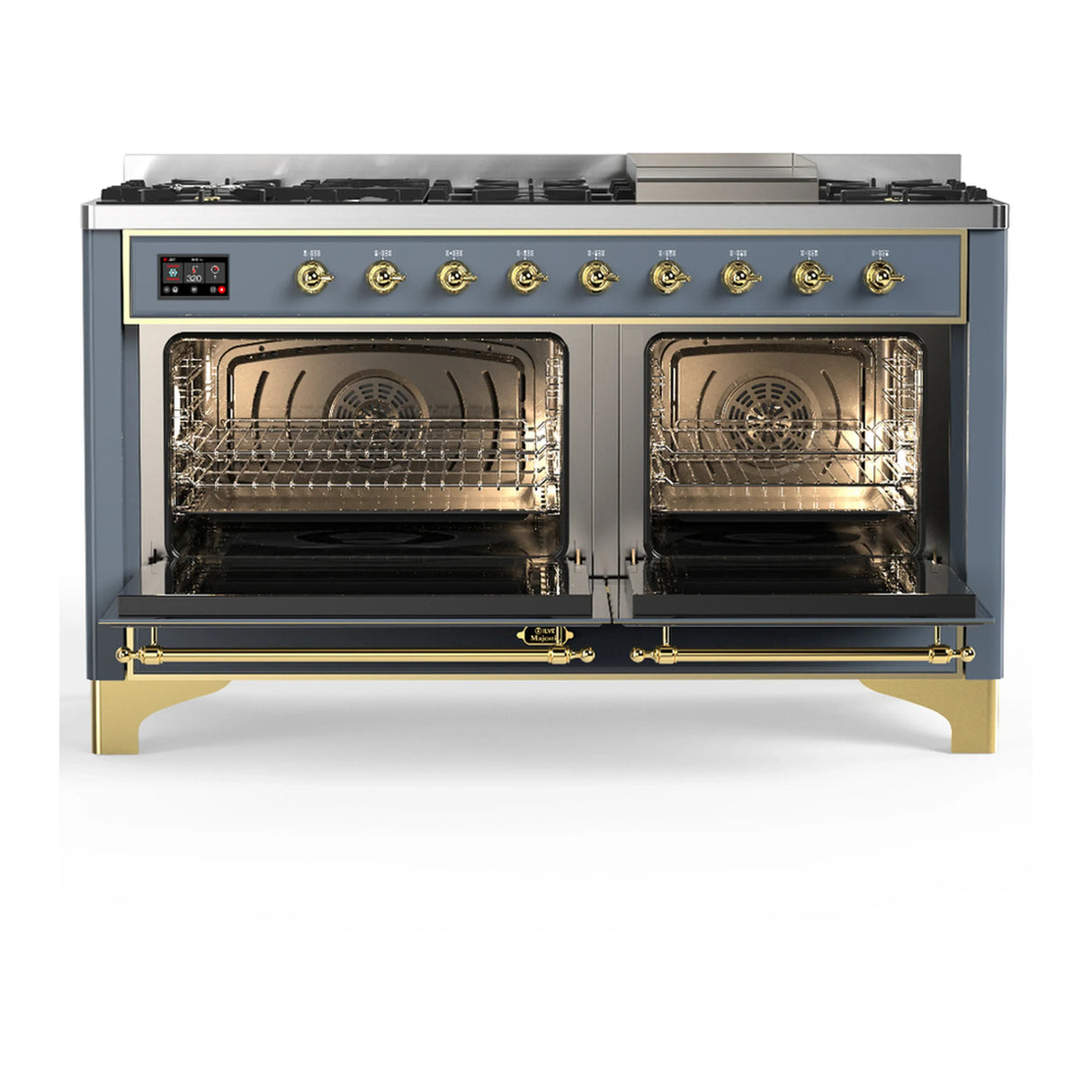 ILVE Majestic III 60-inch Dual Fuel Range with 5 Liquid Propane Burner, Griddle and Solid Door Electric Oven in Blue Grey with Brass Trim (UM60FQNR3BGGLP)