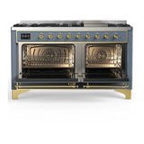 ILVE Majestic III 60-inch Dual Fuel Range with 5 Liquid Propane Burner, Griddle and Solid Door Electric Oven in Blue Grey with Brass Trim (UM60FQNR3BGGLP)
