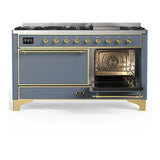 ILVE Majestic III 60-inch Dual Fuel Range with 5 Liquid Propane Burner, Griddle and Solid Door Electric Oven in Blue Grey with Brass Trim (UM60FQNR3BGGLP)