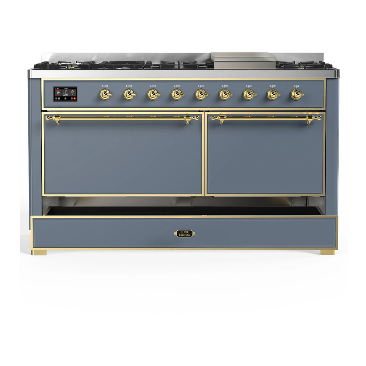 ILVE Majestic III 60-inch Dual Fuel Range with 5 Liquid Propane Burner, Griddle and Solid Door Electric Oven in Blue Grey with Brass Trim (UM60FQNR3BGGLP)
