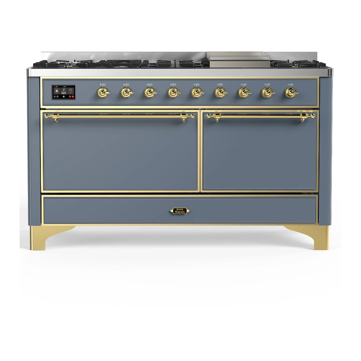 ILVE Majestic III 60-inch Dual Fuel Range with 5 Liquid Propane Burner, Griddle and Solid Door Electric Oven in Blue Grey with Brass Trim (UM60FQNR3BGGLP)