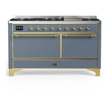 ILVE Majestic III 60-inch Dual Fuel Range with 5 Liquid Propane Burner, Griddle and Solid Door Electric Oven in Blue Grey with Brass Trim (UM60FQNR3BGGLP)