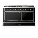 ILVE Majestic III 60-inch Dual Fuel Range with 7 Natural Gas Burner, Griddle and Solid Door Electric Oven in Glossy Black with Chrome Trim (UM60FQNR3BKC)