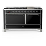 ILVE Majestic III 60-inch Dual Fuel Range with 7 Natural Gas Burner, Griddle and Solid Door Electric Oven in Glossy Black with Chrome Trim (UM60FQNR3BKC)