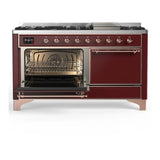 ILVE Majestic III 60-inch Dual Fuel Range with 5 Liquid Propane Burner, Griddle and Solid Door Electric Oven in Burgundy with Copper Trim (UM60FQNR3BUPLP)