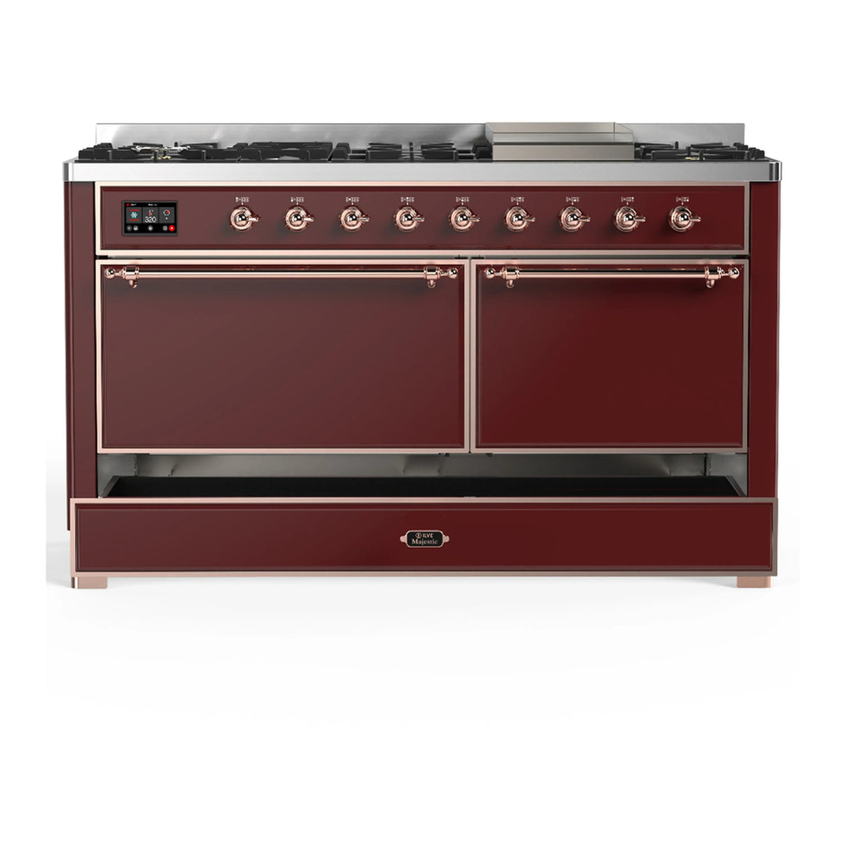 ILVE Majestic III 60-inch Dual Fuel Range with 5 Liquid Propane Burner, Griddle and Solid Door Electric Oven in Burgundy with Copper Trim (UM60FQNR3BUPLP)