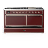 ILVE Majestic III 60-inch Dual Fuel Range with 5 Liquid Propane Burner, Griddle and Solid Door Electric Oven in Burgundy with Copper Trim (UM60FQNR3BUPLP)