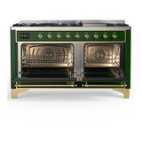 ILVE Majestic III 60-inch Dual Fuel Range with 7 Natural Gas Burner, Griddle and Solid Door Electric Oven in Emerald Green with Brass Trim (UM60FQNR3EGG)