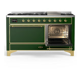 ILVE Majestic III 60-inch Dual Fuel Range with 7 Natural Gas Burner, Griddle and Solid Door Electric Oven in Emerald Green with Brass Trim (UM60FQNR3EGG)