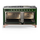ILVE Majestic III 60-inch Dual Fuel Range with 7 Natural Gas Burner, Griddle and Solid Door Electric Oven in Emerald Green with Copper Trim (UM60FQNR3EGP)