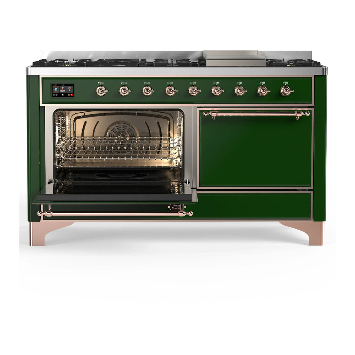 ILVE Majestic III 60-inch Dual Fuel Range with 7 Natural Gas Burner, Griddle and Solid Door Electric Oven in Emerald Green with Copper Trim (UM60FQNR3EGP)