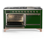 ILVE Majestic III 60-inch Dual Fuel Range with 7 Natural Gas Burner, Griddle and Solid Door Electric Oven in Emerald Green with Copper Trim (UM60FQNR3EGP)