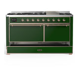 ILVE Majestic III 60-inch Dual Fuel Range with 7 Natural Gas Burner, Griddle and Solid Door Electric Oven in Emerald Green with Copper Trim (UM60FQNR3EGP)