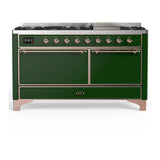 ILVE Majestic III 60-inch Dual Fuel Range with 7 Natural Gas Burner, Griddle and Solid Door Electric Oven in Emerald Green with Copper Trim (UM60FQNR3EGP)