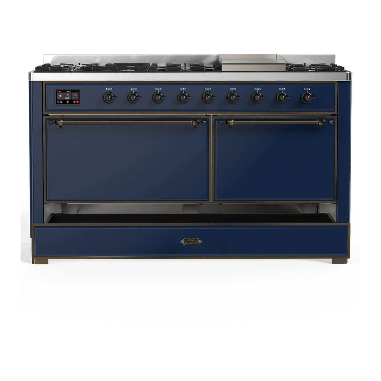 ILVE Majestic III 60-inch Dual Fuel Range with 5 Liquid Propane Burner, Griddle and Solid Door Electric Oven in Midnight Blue with Burnished Trim (UM60FQNR3MBBLP)