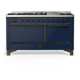 ILVE Majestic III 60-inch Dual Fuel Range with 5 Liquid Propane Burner, Griddle and Solid Door Electric Oven in Midnight Blue with Burnished Trim (UM60FQNR3MBBLP)
