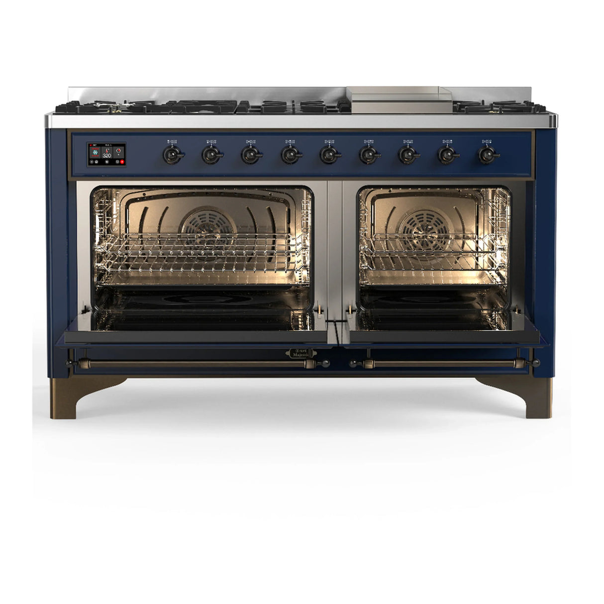 ILVE Majestic III 60-inch Dual Fuel Range with 7 Natural Gas Burner, Griddle and Solid Door Electric Oven in Midnight Blue with Burnished Trim (UM60FQNR3MBB)