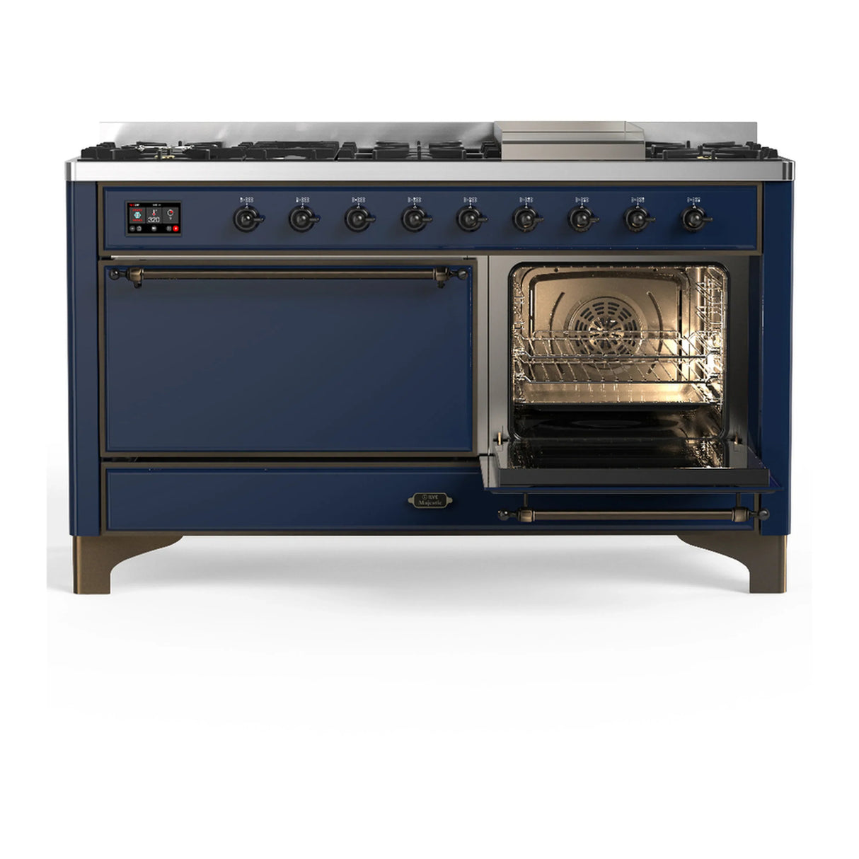 ILVE Majestic III 60-inch Dual Fuel Range with 7 Natural Gas Burner, Griddle and Solid Door Electric Oven in Midnight Blue with Burnished Trim (UM60FQNR3MBB)