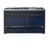 ILVE Majestic III 60-inch Dual Fuel Range with 7 Natural Gas Burner, Griddle and Solid Door Electric Oven in Midnight Blue with Burnished Trim (UM60FQNR3MBB)