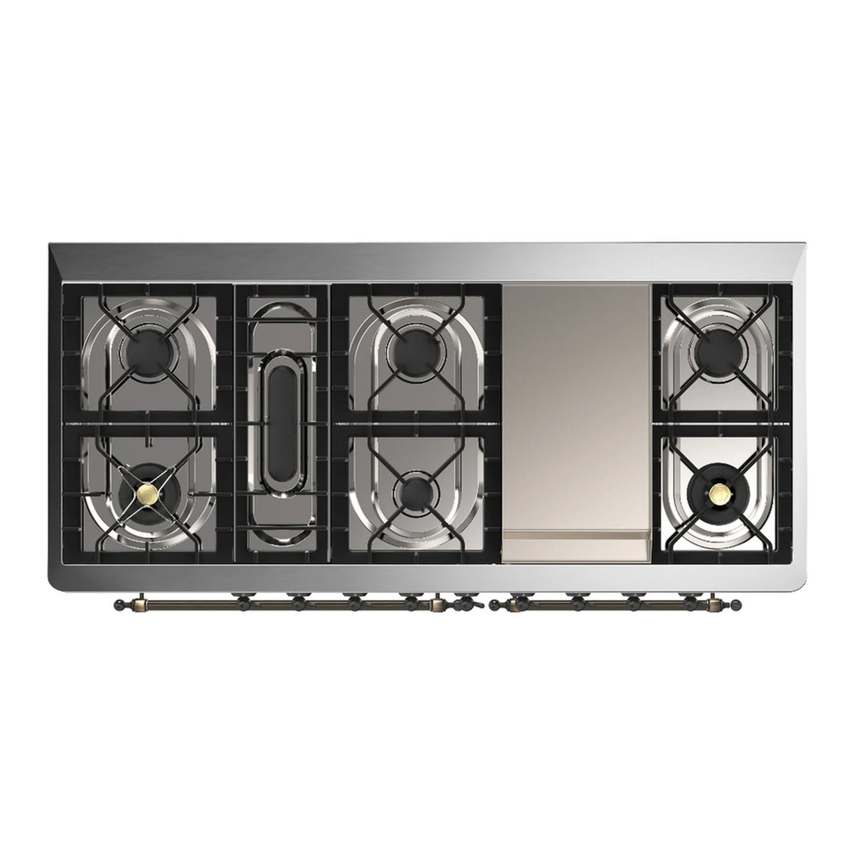 ILVE Majestic III 60-inch Dual Fuel Range with 7 Natural Gas Burner, Griddle and Solid Door Electric Oven in Midnight Blue with Burnished Trim (UM60FQNR3MBB)