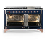 ILVE Majestic III 60-inch Dual Fuel Range with 5 Liquid Propane Burner, Griddle and Solid Door Electric Oven in Midnight Blue with Copper Trim (UM60FQNR3MBPLP)