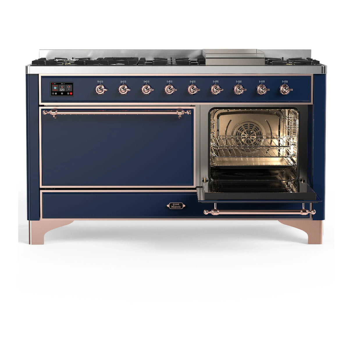 ILVE Majestic III 60-inch Dual Fuel Range with 5 Liquid Propane Burner, Griddle and Solid Door Electric Oven in Midnight Blue with Copper Trim (UM60FQNR3MBPLP)