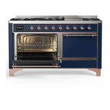 ILVE Majestic III 60-inch Dual Fuel Range with 5 Liquid Propane Burner, Griddle and Solid Door Electric Oven in Midnight Blue with Copper Trim (UM60FQNR3MBPLP)