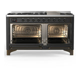ILVE Majestic III 60-inch Dual Fuel Range with 5 Liquid Propane Burner, Griddle and Solid Door Electric Oven in Graphite Matte with Burnished Trim (UM60FQNR3MGBLP)
