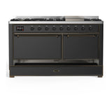 ILVE Majestic III 60-inch Dual Fuel Range with 5 Liquid Propane Burner, Griddle and Solid Door Electric Oven in Graphite Matte with Burnished Trim (UM60FQNR3MGBLP)