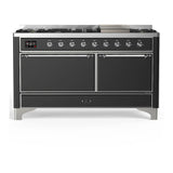 ILVE Majestic III 60-inch Dual Fuel Range with 5 Liquid Propane Burner, Griddle and Solid Door Electric Oven in Graphite Matte with Chrome Trim (UM60FQNR3MGCLP)