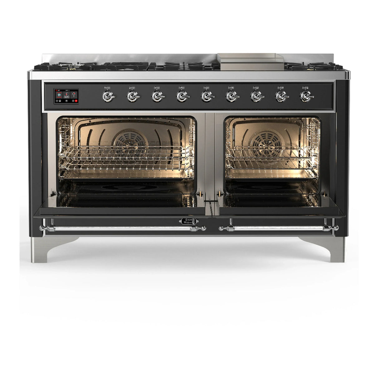 ILVE Majestic III 60-inch Dual Fuel Range with 5 Liquid Propane Burner, Griddle and Solid Door Electric Oven in Graphite Matte with Chrome Trim (UM60FQNR3MGCLP)