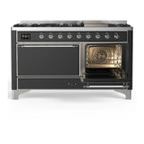 ILVE Majestic III 60-inch Dual Fuel Range with 5 Liquid Propane Burner, Griddle and Solid Door Electric Oven in Graphite Matte with Chrome Trim (UM60FQNR3MGCLP)