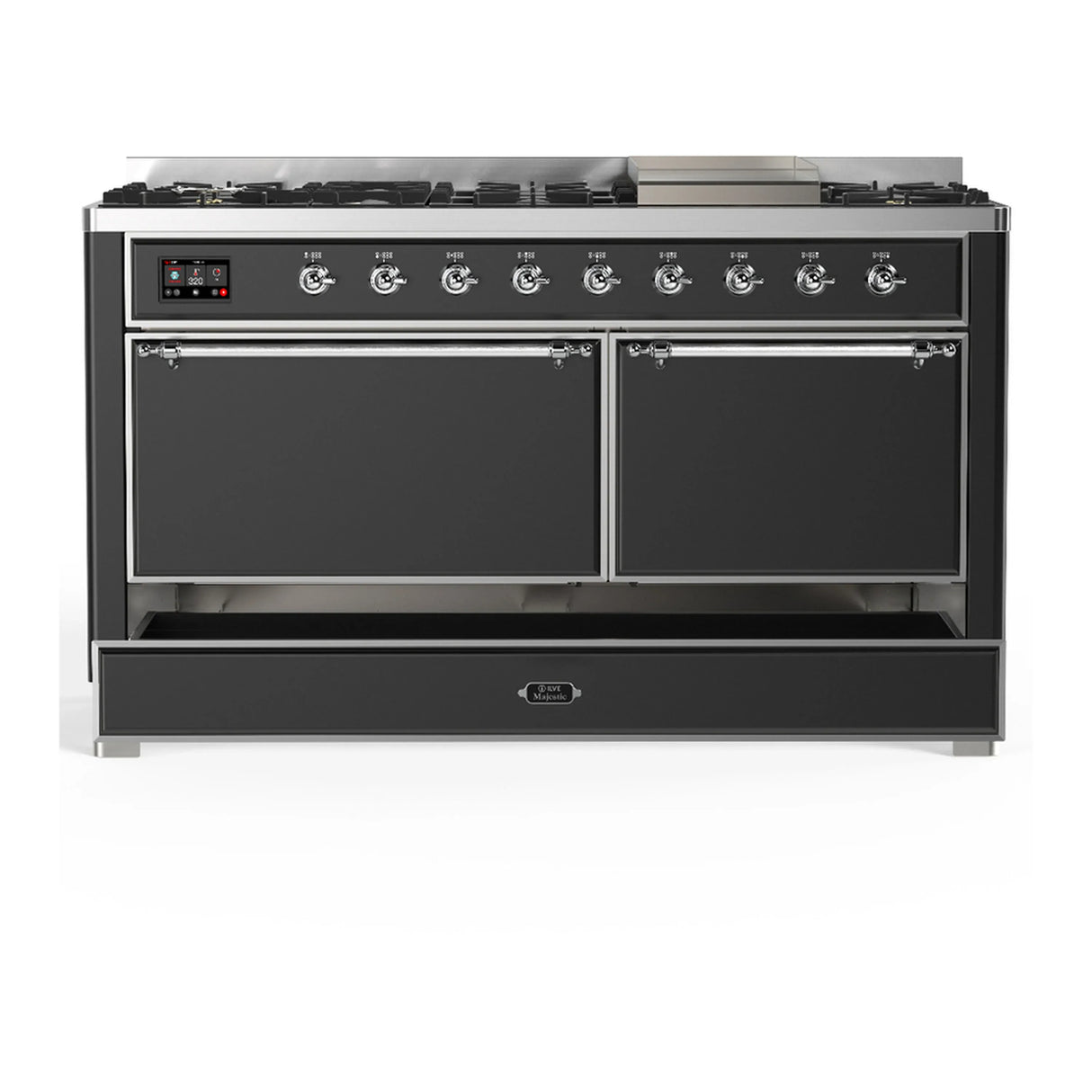 ILVE Majestic III 60-inch Dual Fuel Range with 5 Liquid Propane Burner, Griddle and Solid Door Electric Oven in Graphite Matte with Chrome Trim (UM60FQNR3MGCLP)