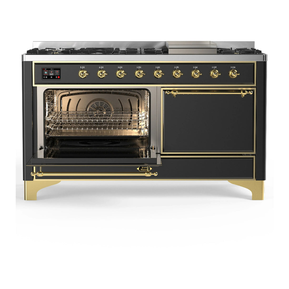ILVE Majestic III 60-inch Dual Fuel Range with 7 Natural Gas Burner, Griddle and Solid Door Electric Oven in Graphite Matte with Brass Trim (UM60FQNR3MGG)
