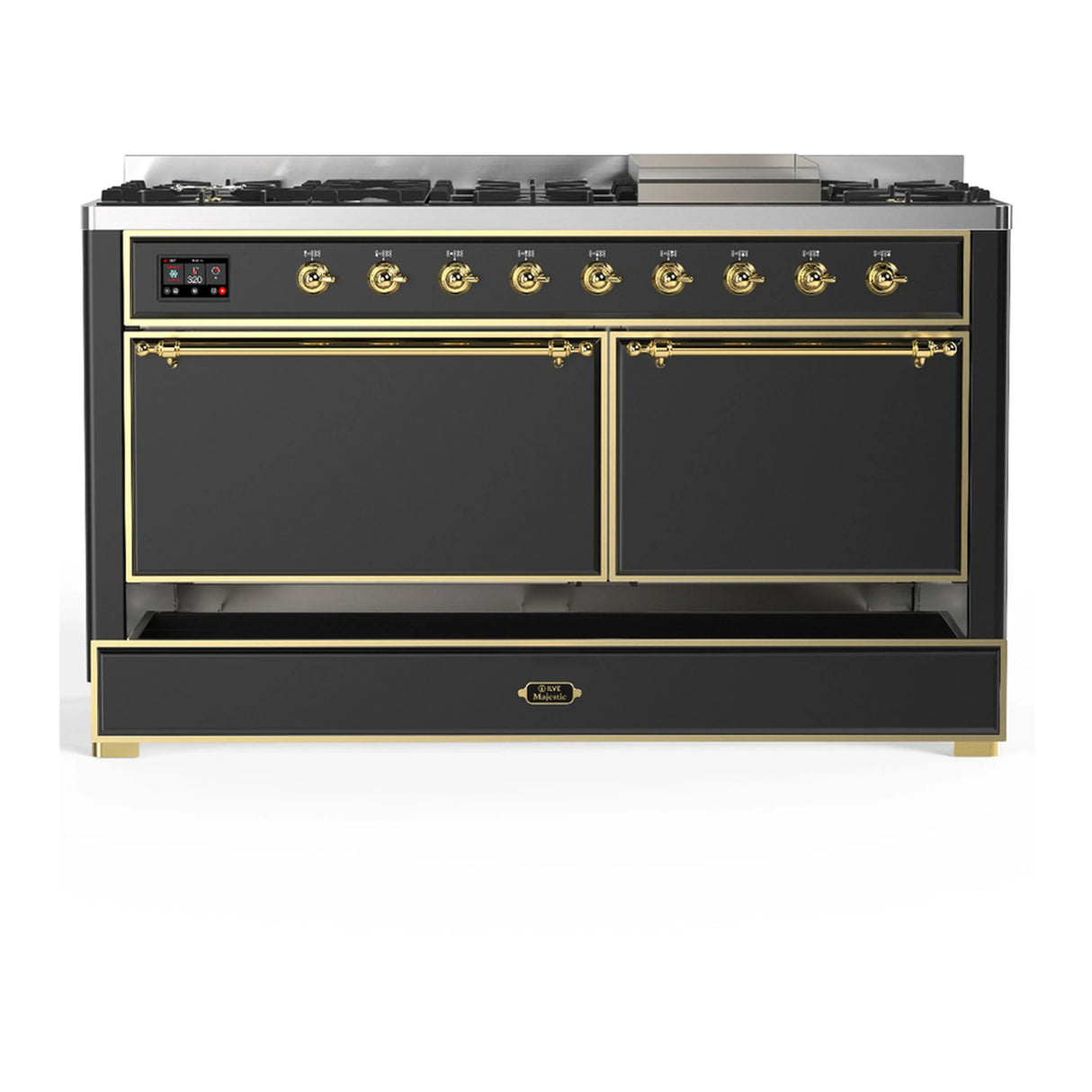 ILVE Majestic III 60-inch Dual Fuel Range with 7 Natural Gas Burner, Griddle and Solid Door Electric Oven in Graphite Matte with Brass Trim (UM60FQNR3MGG)