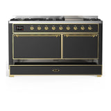 ILVE Majestic III 60-inch Dual Fuel Range with 7 Natural Gas Burner, Griddle and Solid Door Electric Oven in Graphite Matte with Brass Trim (UM60FQNR3MGG)