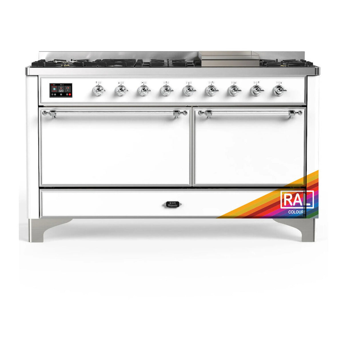 ILVE Majestic III 60-inch Dual Fuel Range with 7 Natural Gas Burner, Griddle and Solid Door Electric Oven in RAL with Chrome Trim (UM60FQNR3RAC)
