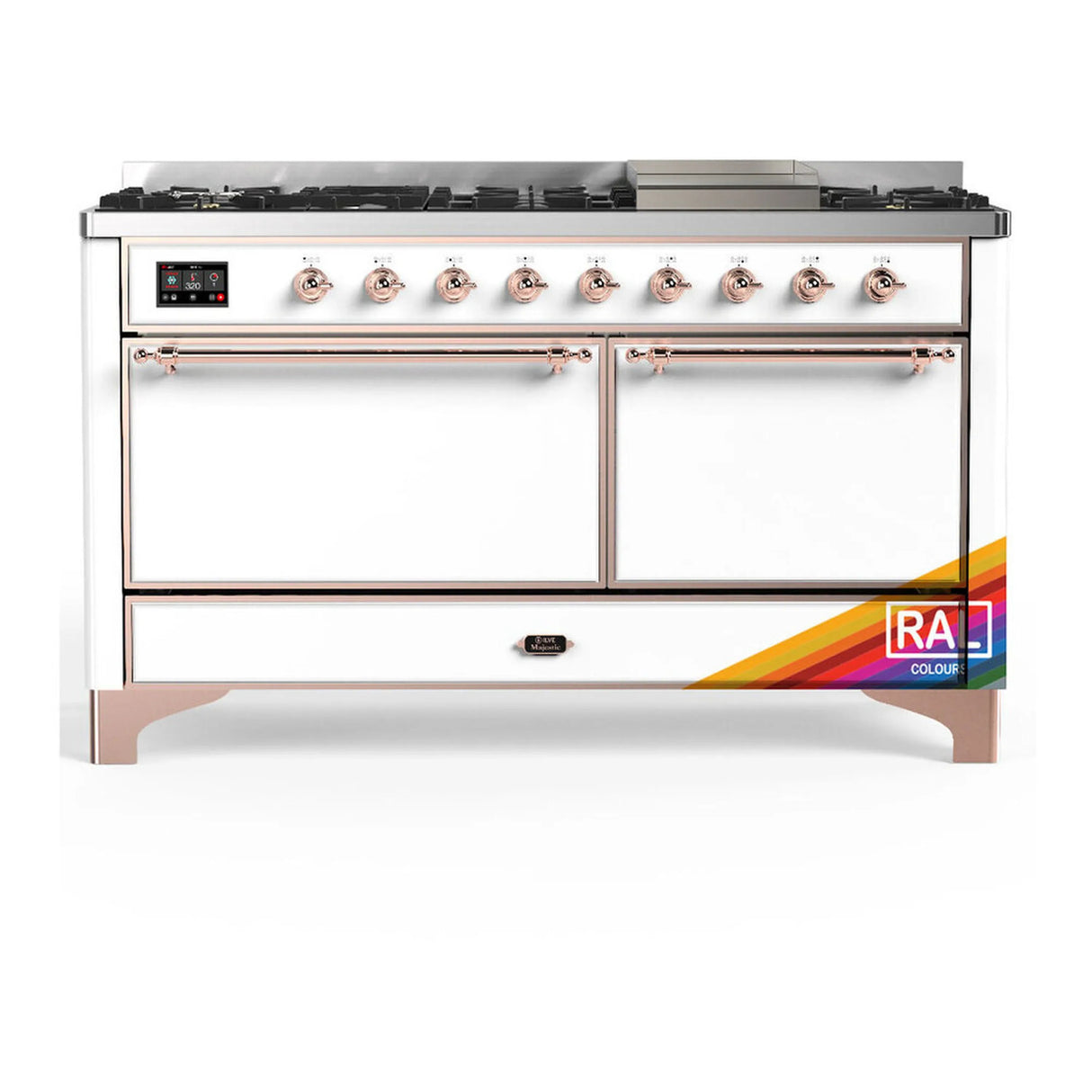 ILVE Majestic III 60-inch Dual Fuel Range with 5 Liquid Propane Burner, Griddle and Solid Door Electric Oven in RAL with Copper Trim (UM60FQNR3RAPLP)