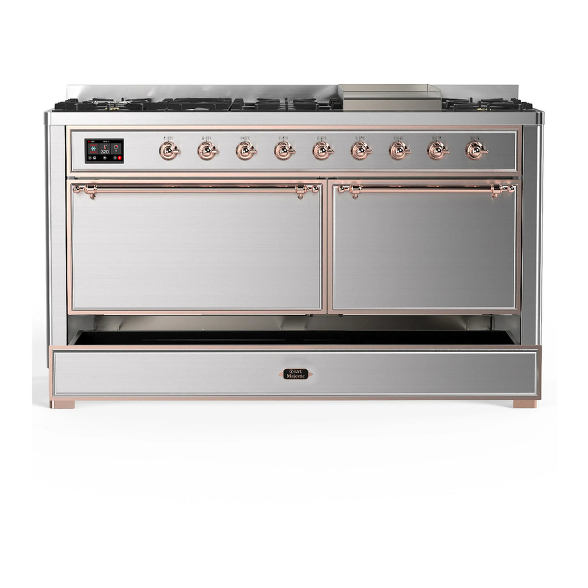ILVE Majestic III 60-inch Dual Fuel Range with 7 Natural Gas Burner, Griddle and Solid Door Electric Oven in Stainless Steel with Copper Trim (UM60FQNR3SSP)