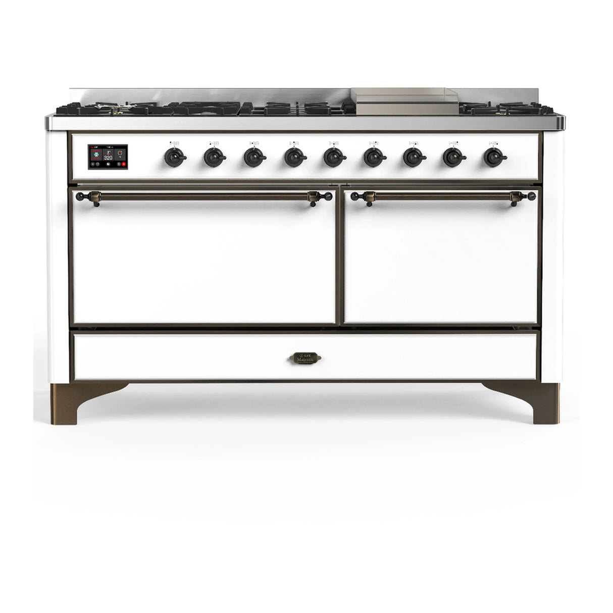 ILVE Majestic III 60-inch Dual Fuel Range with 7 Natural Gas Burner, Griddle and Solid Door Electric Oven in White with Burnished Trim (UM60FQNR3WHB)