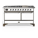ILVE Majestic III 60-inch Dual Fuel Range with 7 Natural Gas Burner, Griddle and Solid Door Electric Oven in White with Burnished Trim (UM60FQNR3WHB)