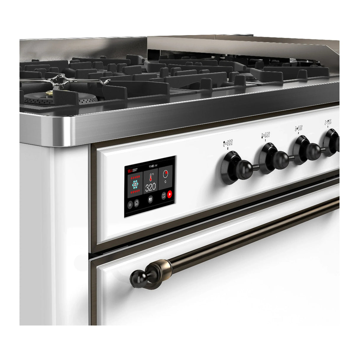 ILVE Majestic III 60-inch Dual Fuel Range with 7 Natural Gas Burner, Griddle and Solid Door Electric Oven in White with Burnished Trim (UM60FQNR3WHB)