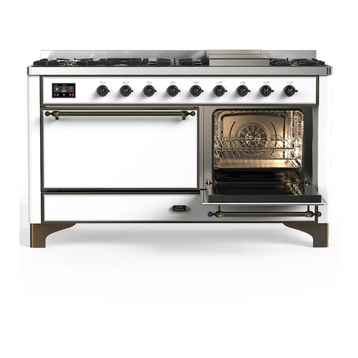 ILVE Majestic III 60-inch Dual Fuel Range with 7 Natural Gas Burner, Griddle and Solid Door Electric Oven in White with Burnished Trim (UM60FQNR3WHB)