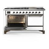 ILVE Majestic III 60-inch Dual Fuel Range with 7 Natural Gas Burner, Griddle and Solid Door Electric Oven in White with Burnished Trim (UM60FQNR3WHB)