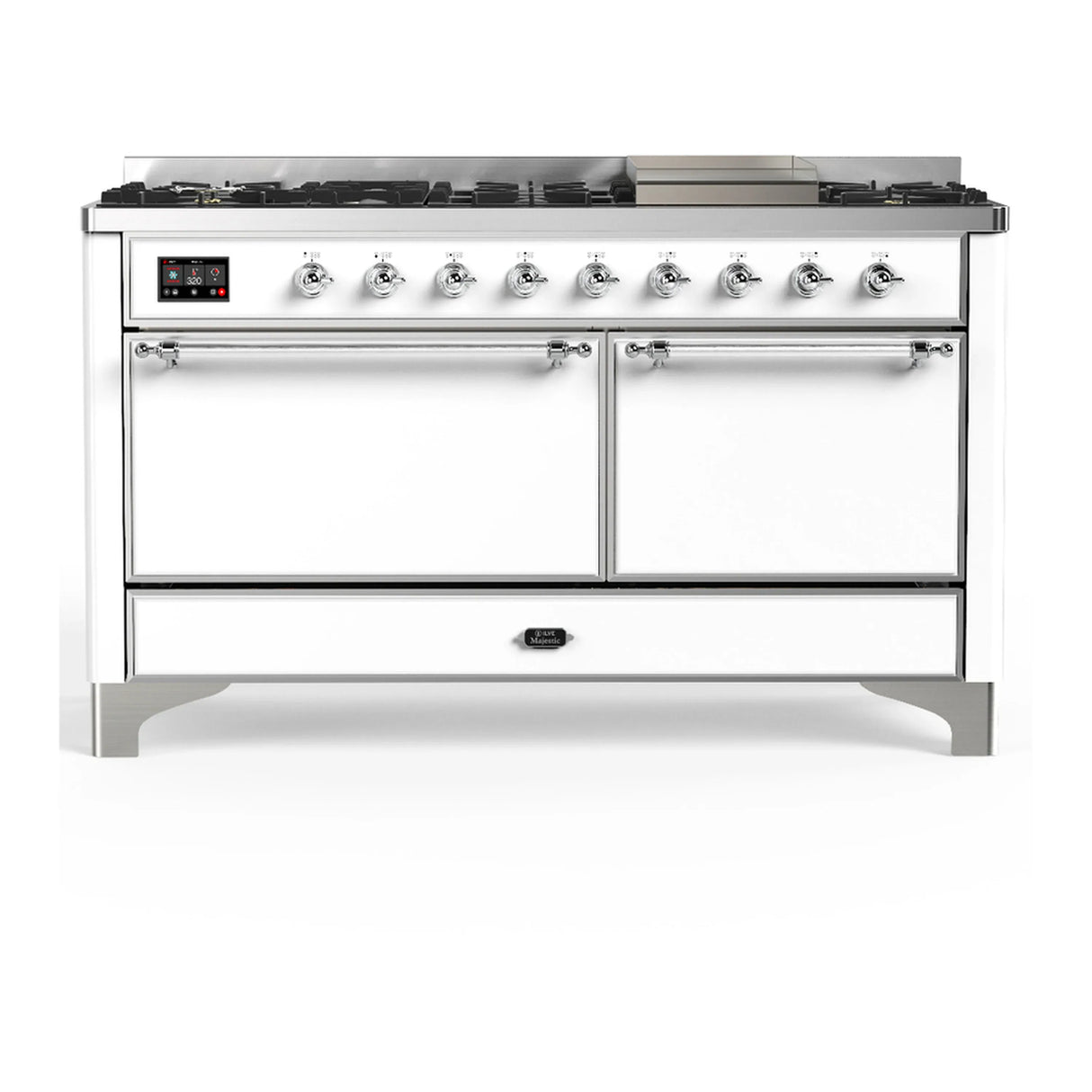ILVE Majestic III 60-inch Dual Fuel Range with 7 Natural Gas Burner, Griddle and Solid Door Electric Oven in White with Chrome Trim (UM60FQNR3WHC)