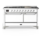 ILVE Majestic III 60-inch Dual Fuel Range with 7 Natural Gas Burner, Griddle and Solid Door Electric Oven in White with Chrome Trim (UM60FQNR3WHC)
