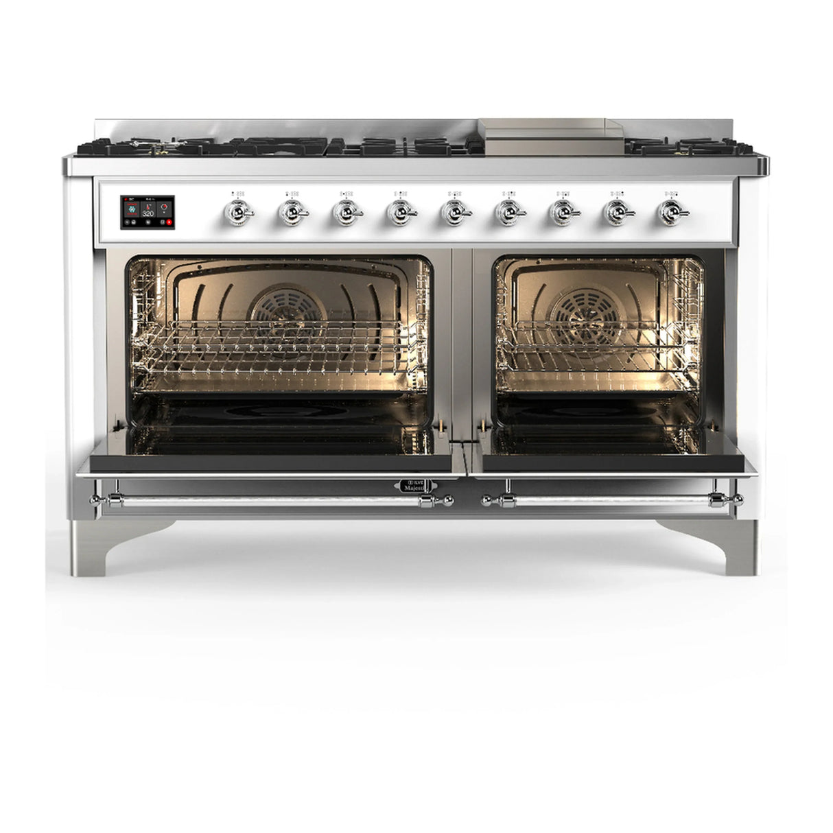 ILVE Majestic III 60-inch Dual Fuel Range with 7 Natural Gas Burner, Griddle and Solid Door Electric Oven in White with Chrome Trim (UM60FQNR3WHC)