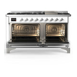 ILVE Majestic III 60-inch Dual Fuel Range with 7 Natural Gas Burner, Griddle and Solid Door Electric Oven in White with Chrome Trim (UM60FQNR3WHC)